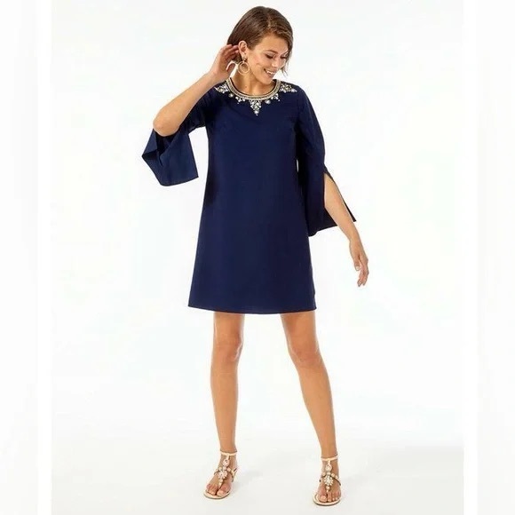 Lilly Pulitzer Anastasia Stretch Shift Dress True Navy Beaded Neckline - Picture 2 of 9